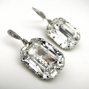fancy clear white vintage style rectangle square earrings